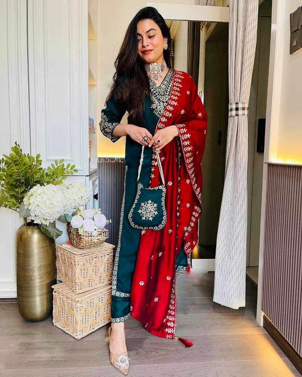 Beautiful Teal Green Color Chinon Silk With Heavy Embroidery Sequence Work Designer Salwar Suit