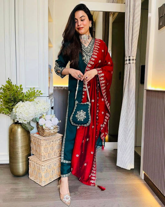 Beautiful Teal Green Color Chinon Silk With Heavy Embroidery Sequence Work Designer Salwar Suit