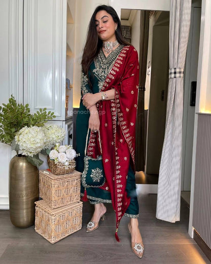 Beautiful Teal Green Color Chinon Silk With Heavy Embroidery Sequence Work Designer Salwar Suit