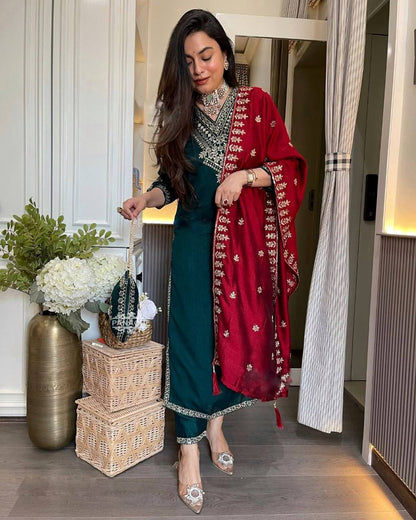 Beautiful Teal Green Color Chinon Silk With Heavy Embroidery Sequence Work Designer Salwar Suit