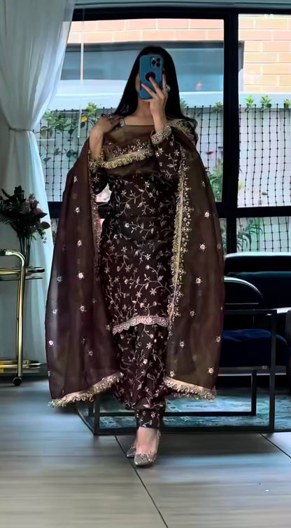 Wedding Wear Brown Color Pure Frendy Silk Farshi Salwar Set