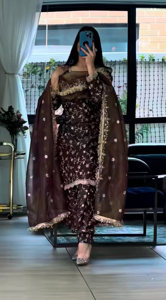 Wedding Wear Brown Color Pure Frendy Silk Farshi Salwar Set