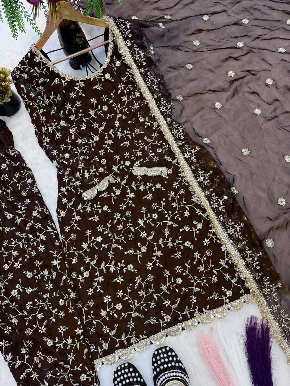 Wedding Wear Brown Color Pure Frendy Silk Farshi Salwar Set