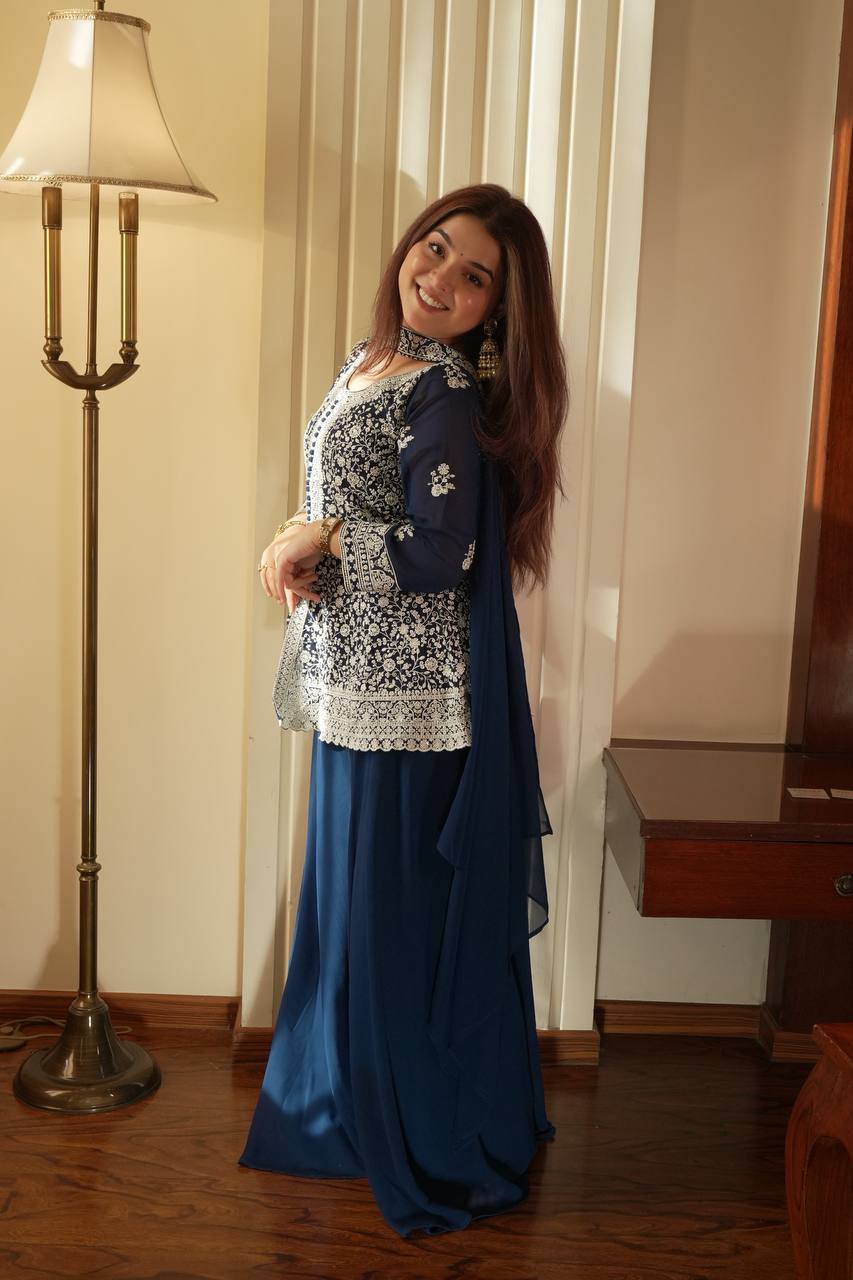 Marvelous Navy Blue Color Georgette Embroidered Top With Palazzo Suit