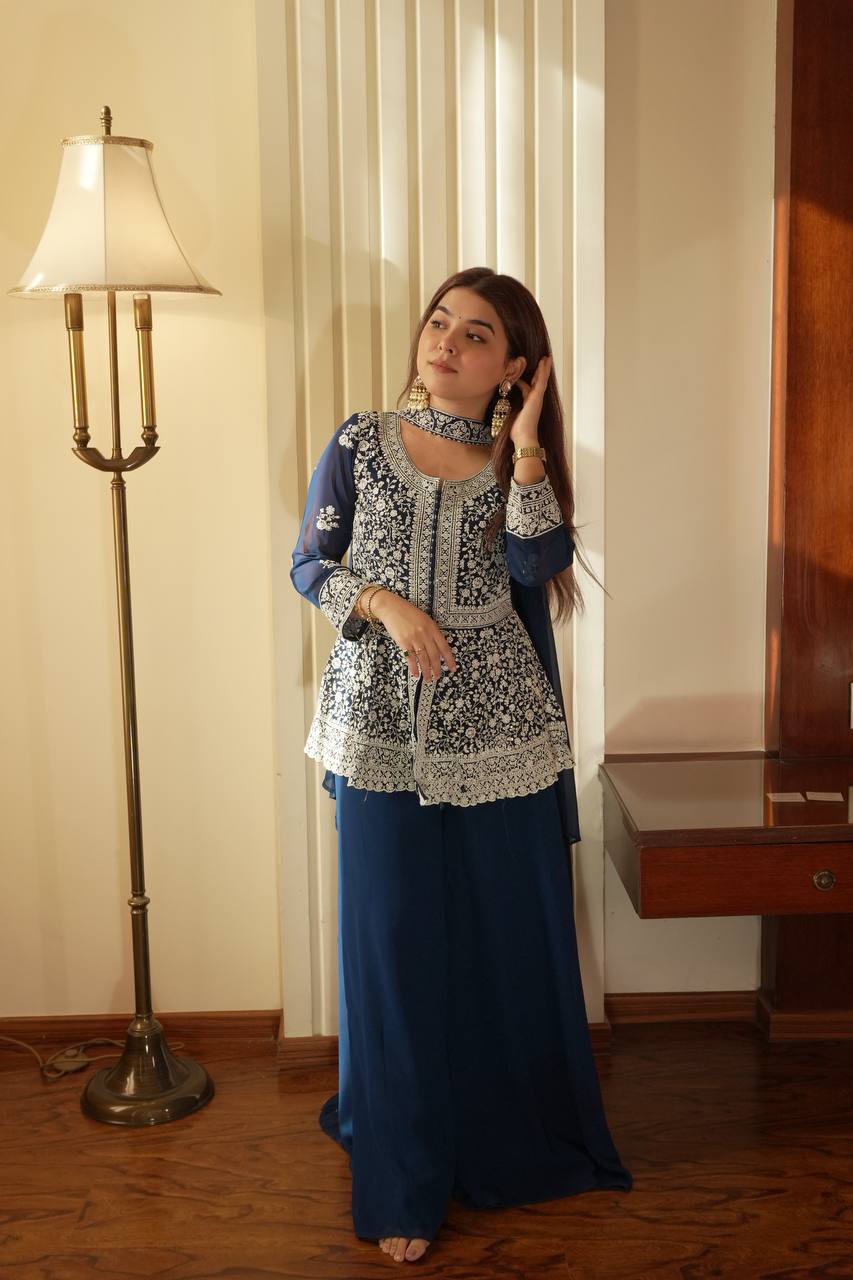 Marvelous Navy Blue Color Georgette Embroidered Top With Palazzo Suit
