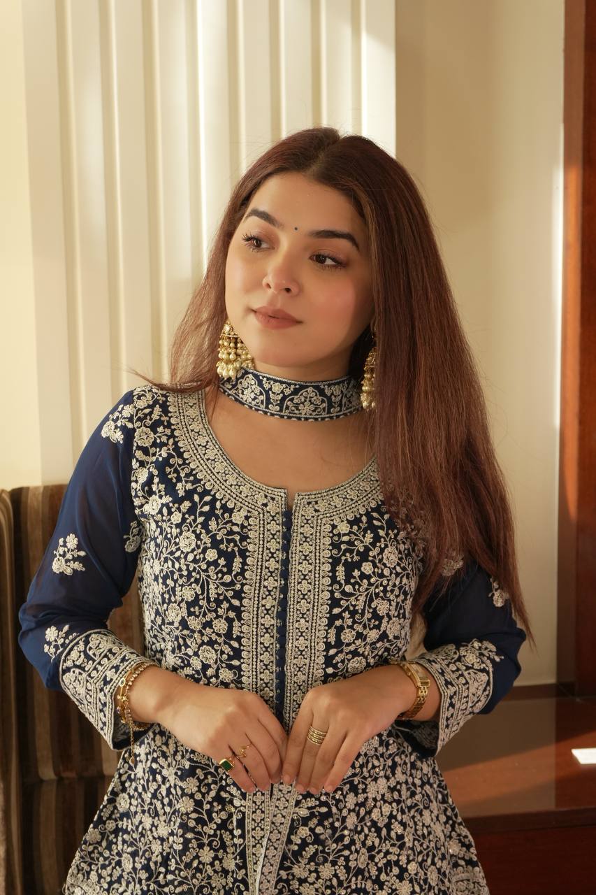 Marvelous Navy Blue Color Georgette Embroidered Top With Palazzo Suit