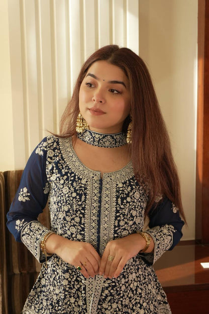 Marvelous Navy Blue Color Georgette Embroidered Top With Palazzo Suit