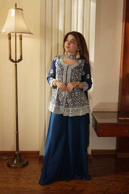 Marvelous Navy Blue Color Georgette Embroidered Top With Palazzo Suit