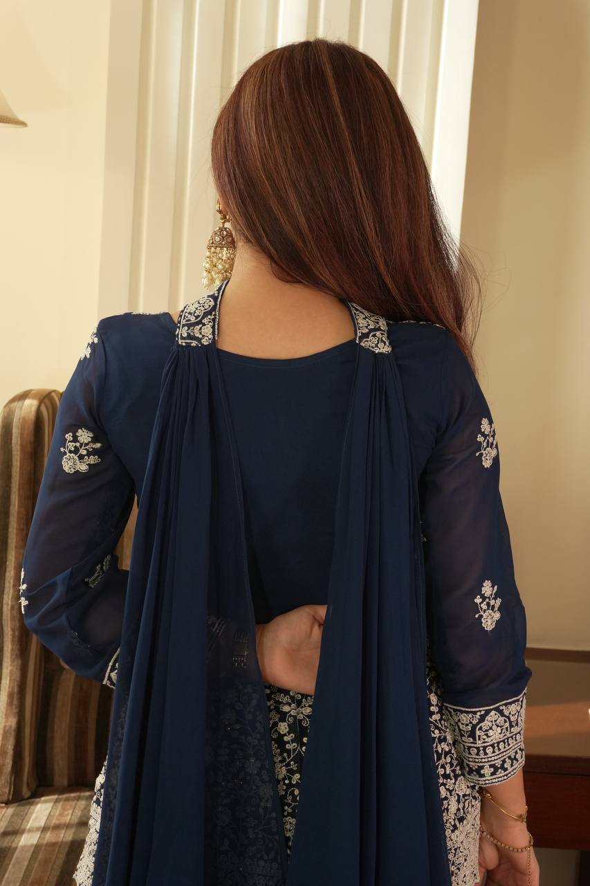 Marvelous Navy Blue Color Georgette Embroidered Top With Palazzo Suit