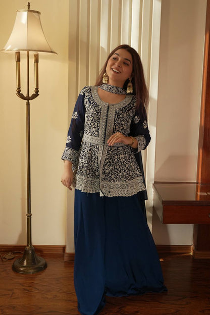 Marvelous Navy Blue Color Georgette Embroidered Top With Palazzo Suit