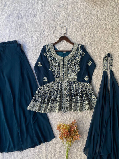 Marvelous Navy Blue Color Georgette Embroidered Top With Palazzo Suit
