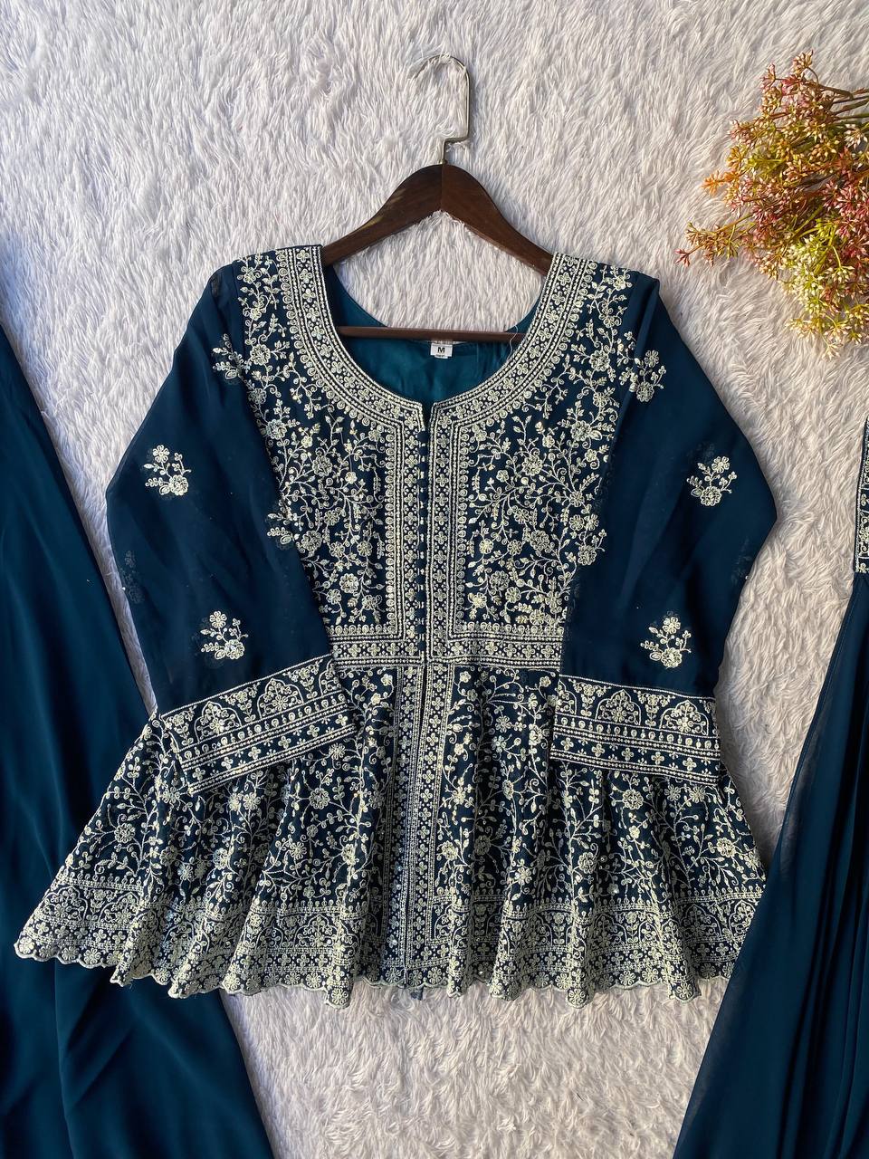 Marvelous Navy Blue Color Georgette Embroidered Top With Palazzo Suit