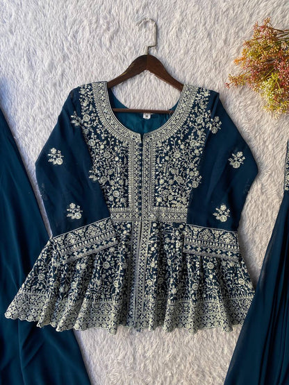 Marvelous Navy Blue Color Georgette Embroidered Top With Palazzo Suit