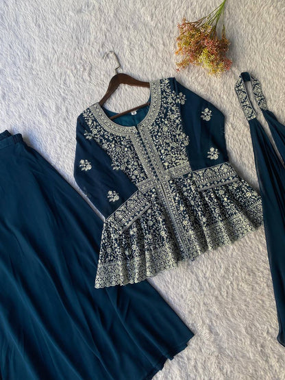 Marvelous Navy Blue Color Georgette Embroidered Top With Palazzo Suit