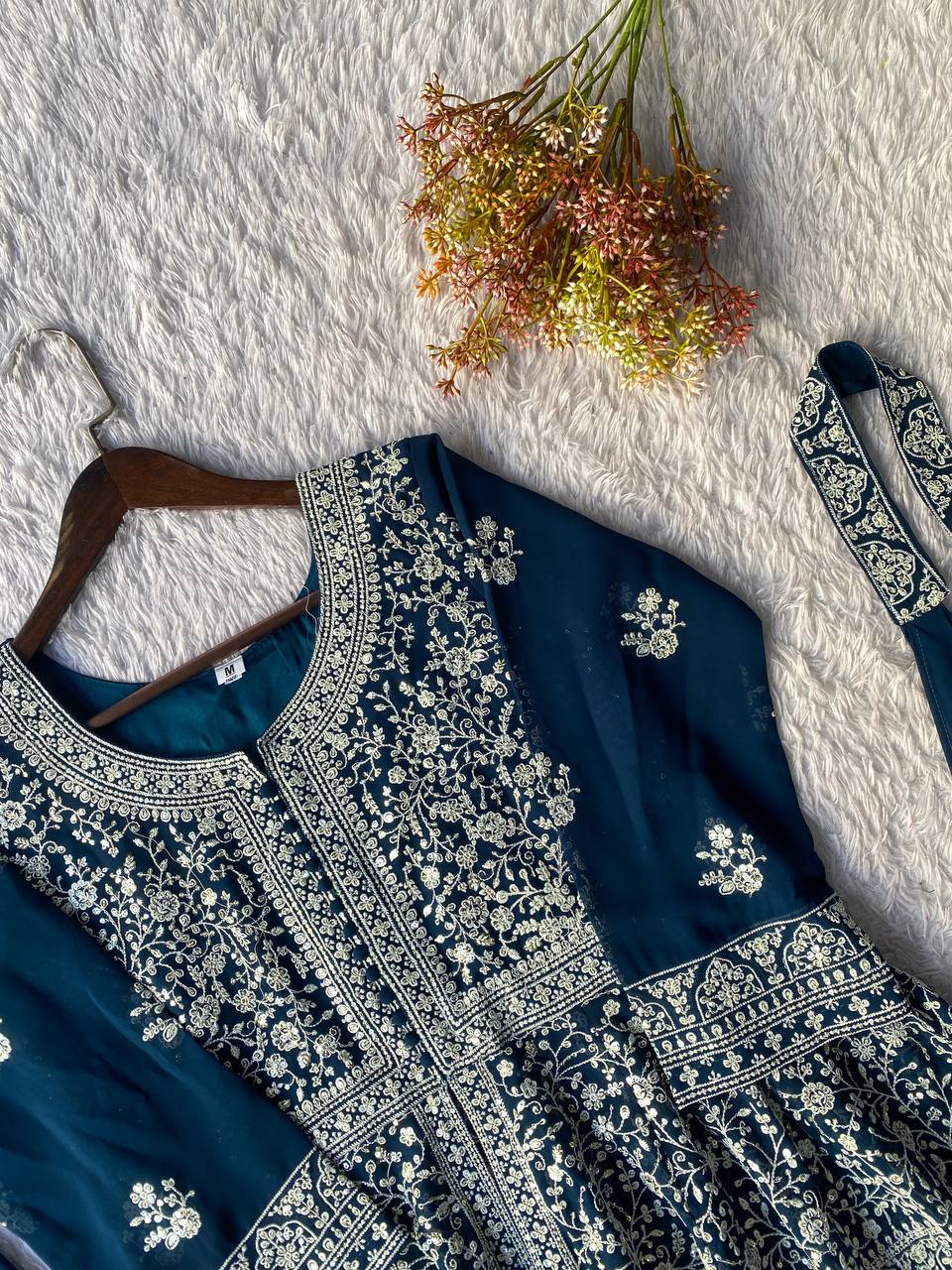 Marvelous Navy Blue Color Georgette Embroidered Top With Palazzo Suit