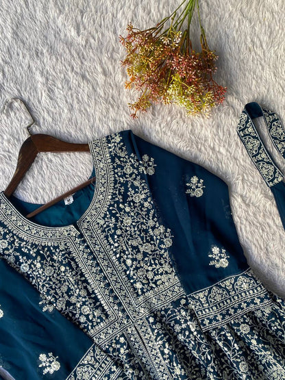 Marvelous Navy Blue Color Georgette Embroidered Top With Palazzo Suit