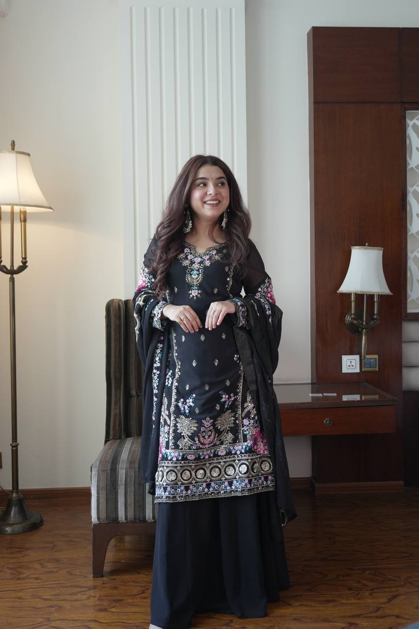 Opulent Black Color Sequence Embroidered Palazzo Suit
