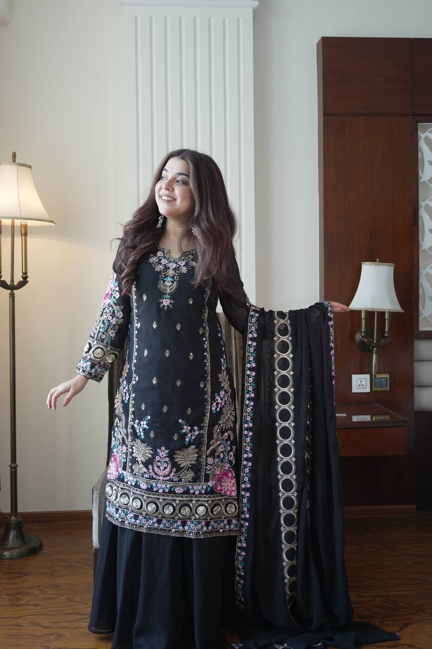 Opulent Black Color Sequence Embroidered Palazzo Suit