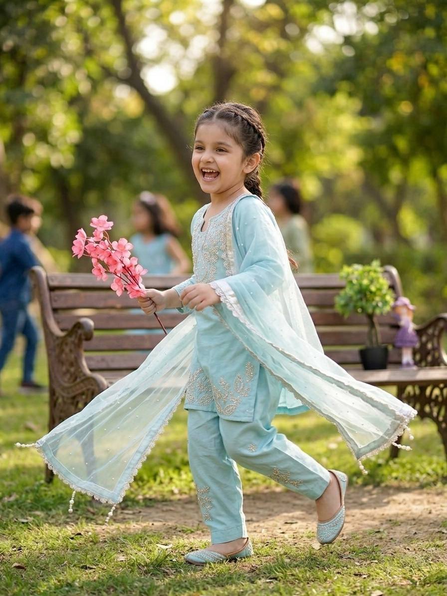 Sky Blue Color Silk Moti Work Kids Wear Farshi Palazzo Suit