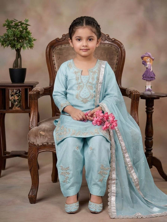 Sky Blue Color Silk Moti Work Kids Wear Farshi Palazzo Suit