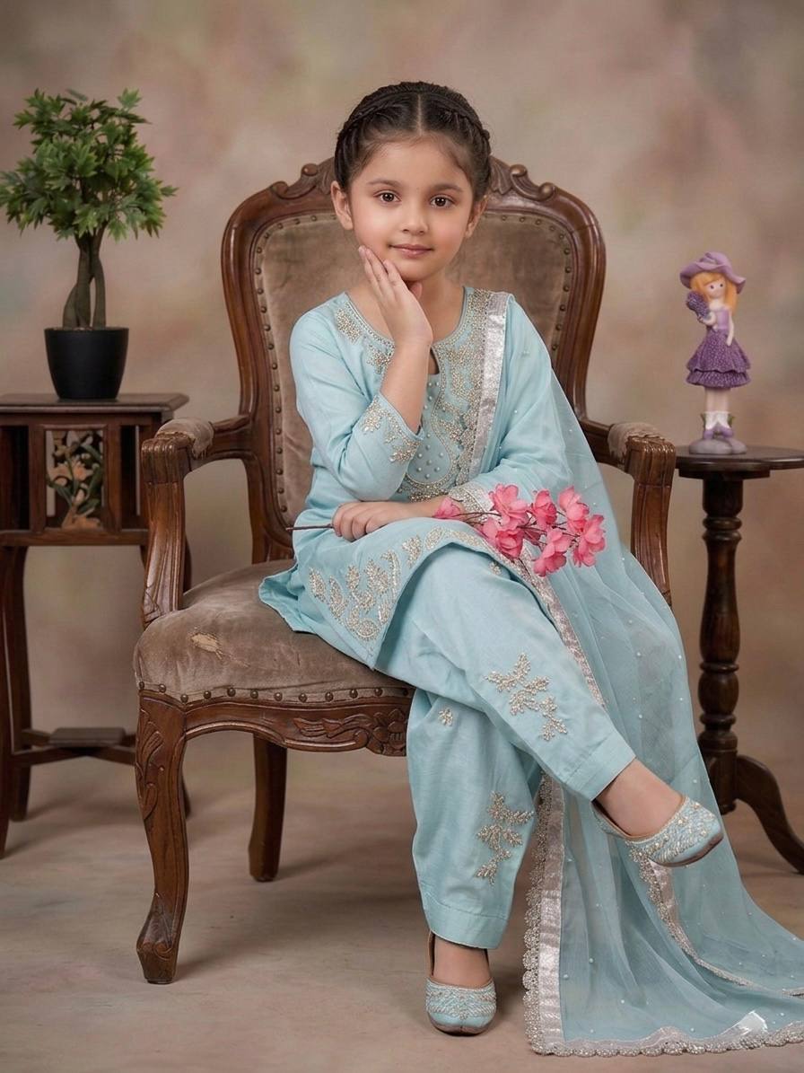 Sky Blue Color Silk Moti Work Kids Wear Farshi Palazzo Suit
