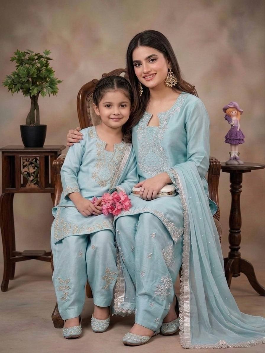 Mother-Daughter Sky Blue Moti Work Silk Farshi Palazzo Suit