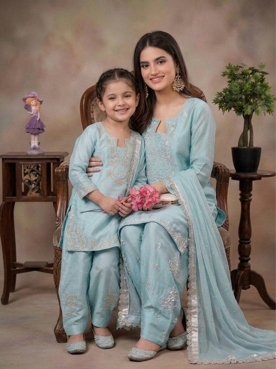 Mother-Daughter Sky Blue Moti Work Silk Farshi Palazzo Suit