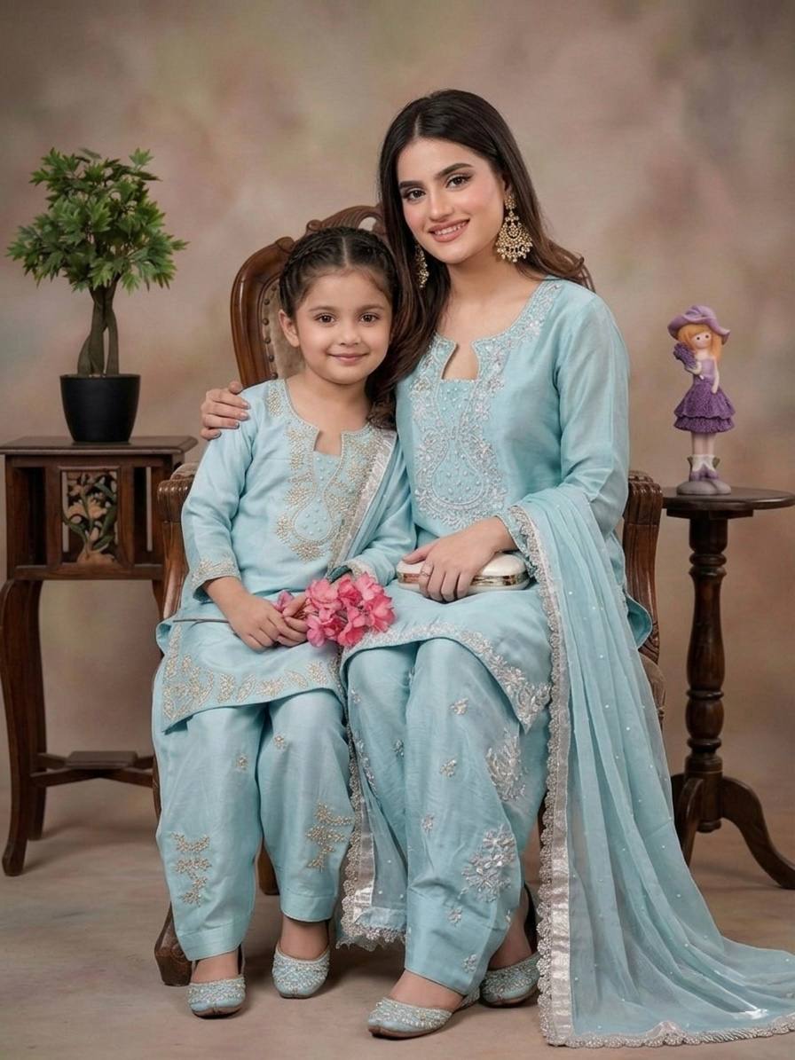 Mother-Daughter Sky Blue Moti Work Silk Farshi Palazzo Suit