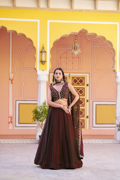  Brown Color Engagement Wear Thread Embroidered Designer Lehenga Choli