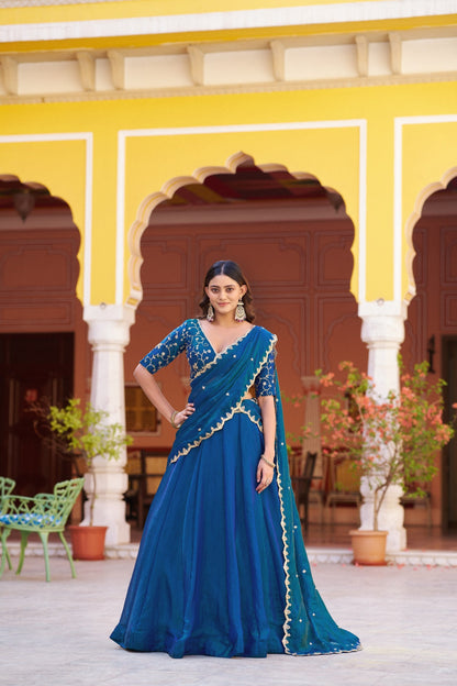 Sky Blue Engagement Wear Thread Embroidered Designer Lehenga Choli