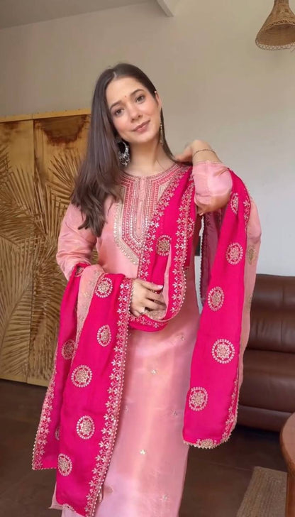Elegant Pink Color Embroidery Sequence Work Salwar Suit