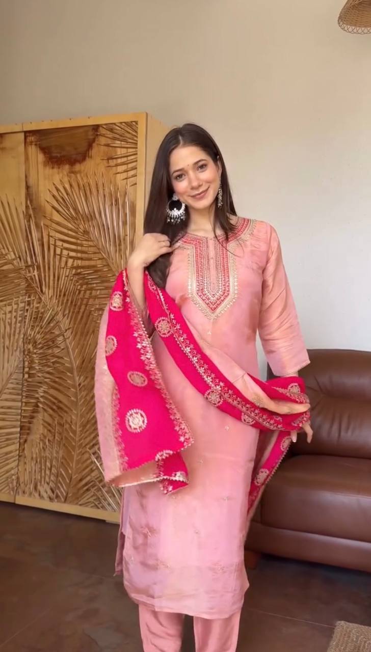 Elegant Pink Color Embroidery Sequence Work Salwar Suit