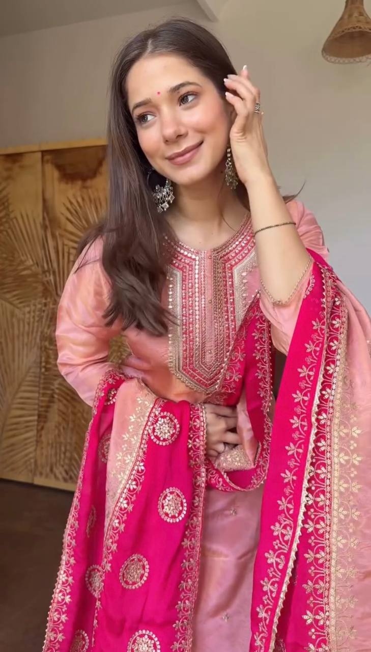 Elegant Pink Color Embroidery Sequence Work Salwar Suit
