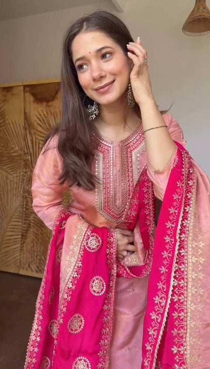 Elegant Pink Color Embroidery Sequence Work Salwar Suit