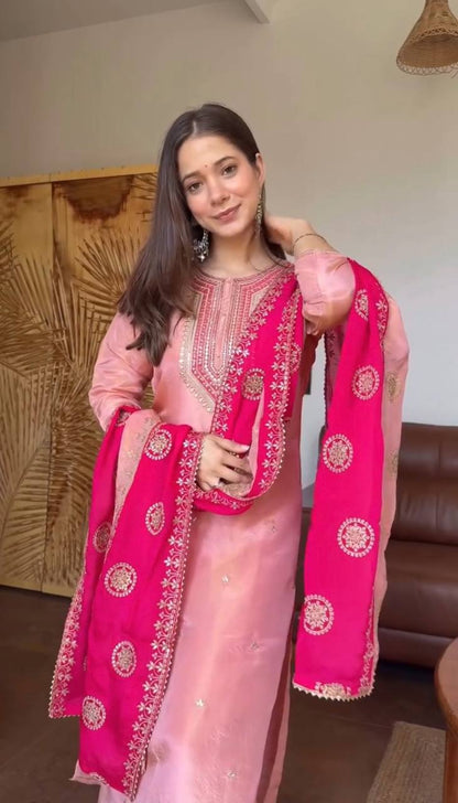Elegant Pink Color Embroidery Sequence Work Salwar Suit