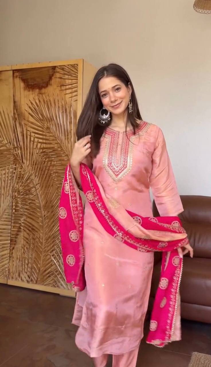Elegant Pink Color Embroidery Sequence Work Salwar Suit