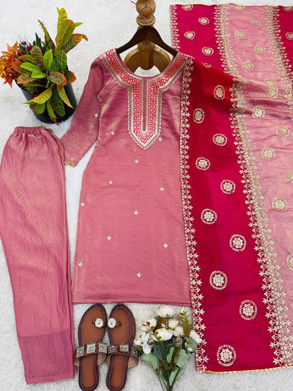 Elegant Pink Color Embroidery Sequence Work Salwar Suit