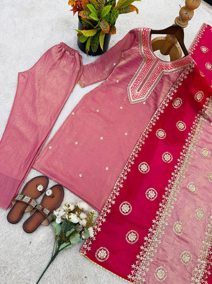 Elegant Pink Color Embroidery Sequence Work Salwar Suit