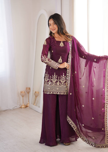 Arti Chauhan Wear Wine Color Fendy Silk Sequin Work Sharara Suit Set