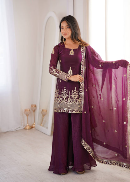 Arti Chauhan Wear Wine Color Fendy Silk Sequin Work Sharara Suit Set