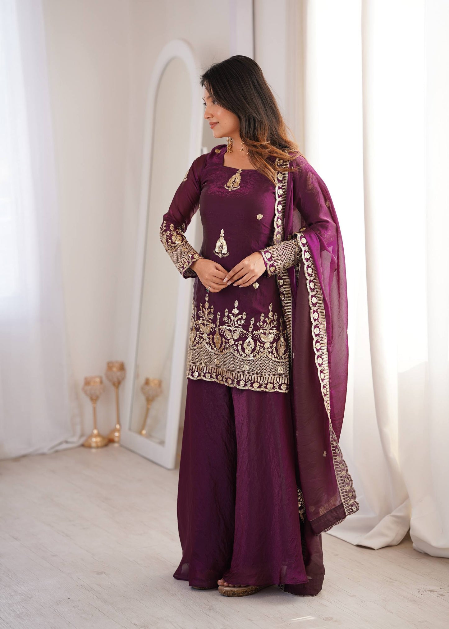 Arti Chauhan Wear Wine Color Fendy Silk Sequin Work Sharara Suit Set