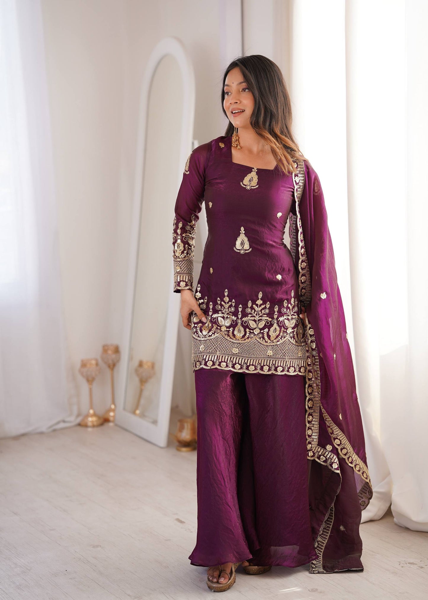 Arti Chauhan Wear Wine Color Fendy Silk Sequin Work Sharara Suit Set