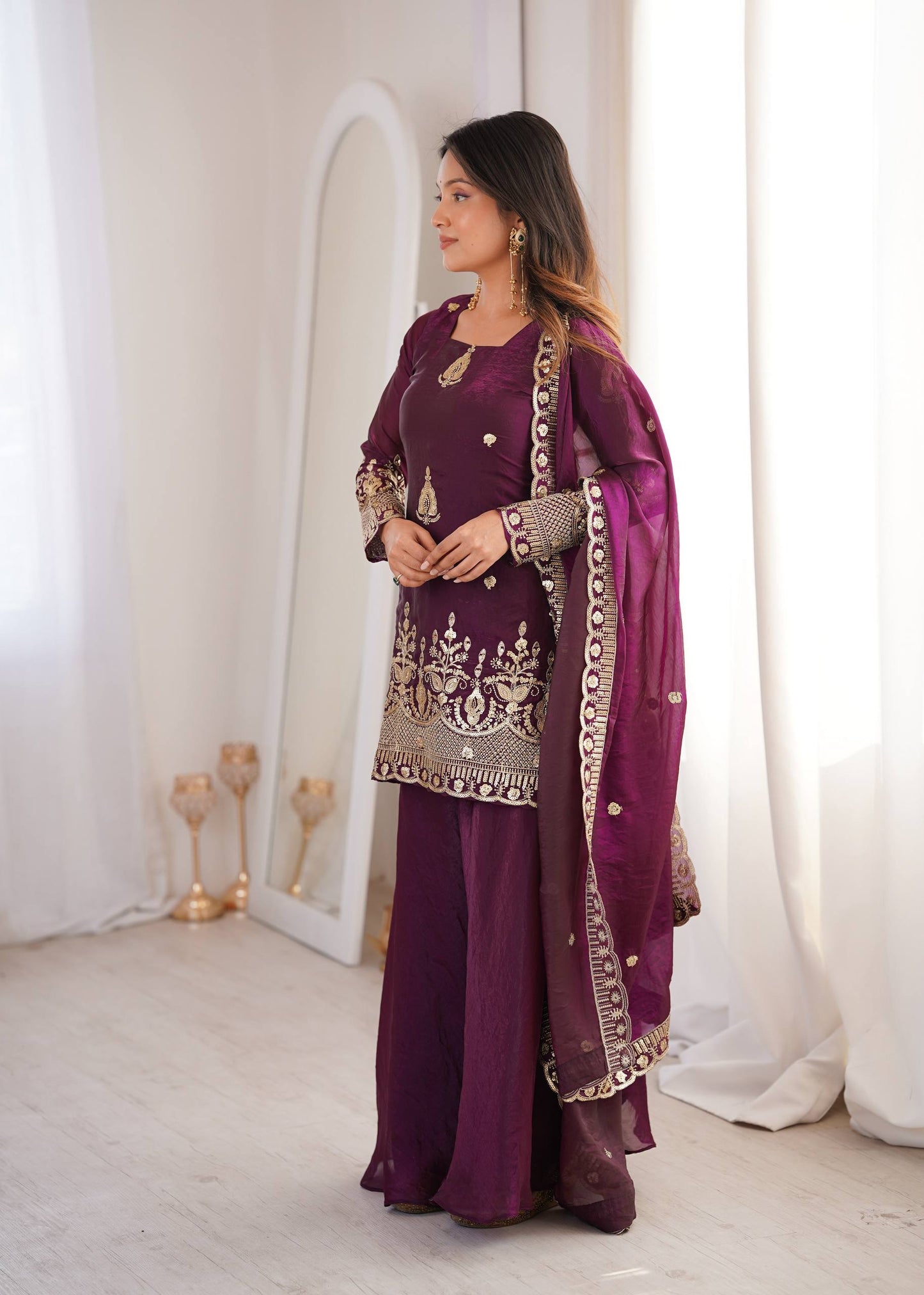 Arti Chauhan Wear Wine Color Fendy Silk Sequin Work Sharara Suit Set