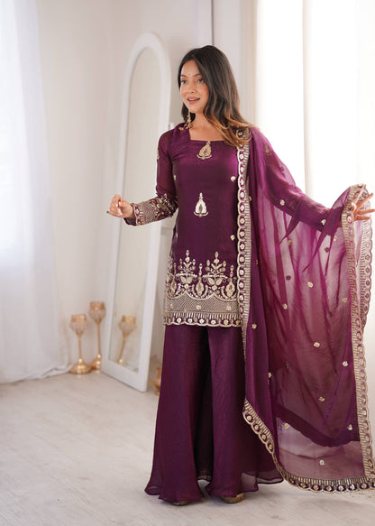 Arti Chauhan Wear Wine Color Fendy Silk Sequin Work Sharara Suit Set