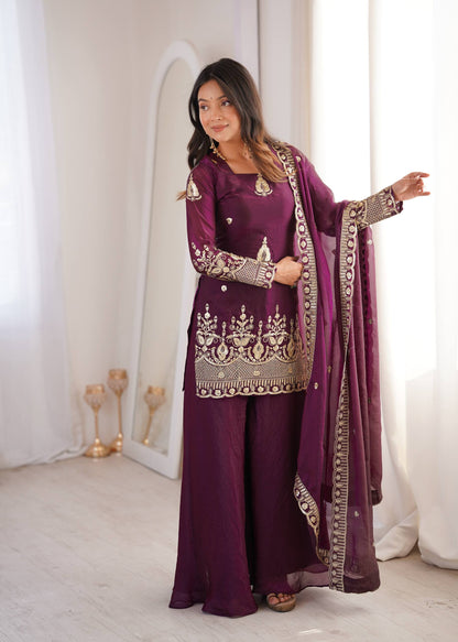 Arti Chauhan Wear Wine Color Fendy Silk Sequin Work Sharara Suit Set