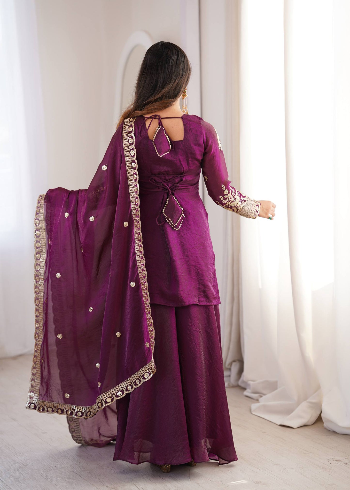 Arti Chauhan Wear Wine Color Fendy Silk Sequin Work Sharara Suit Set