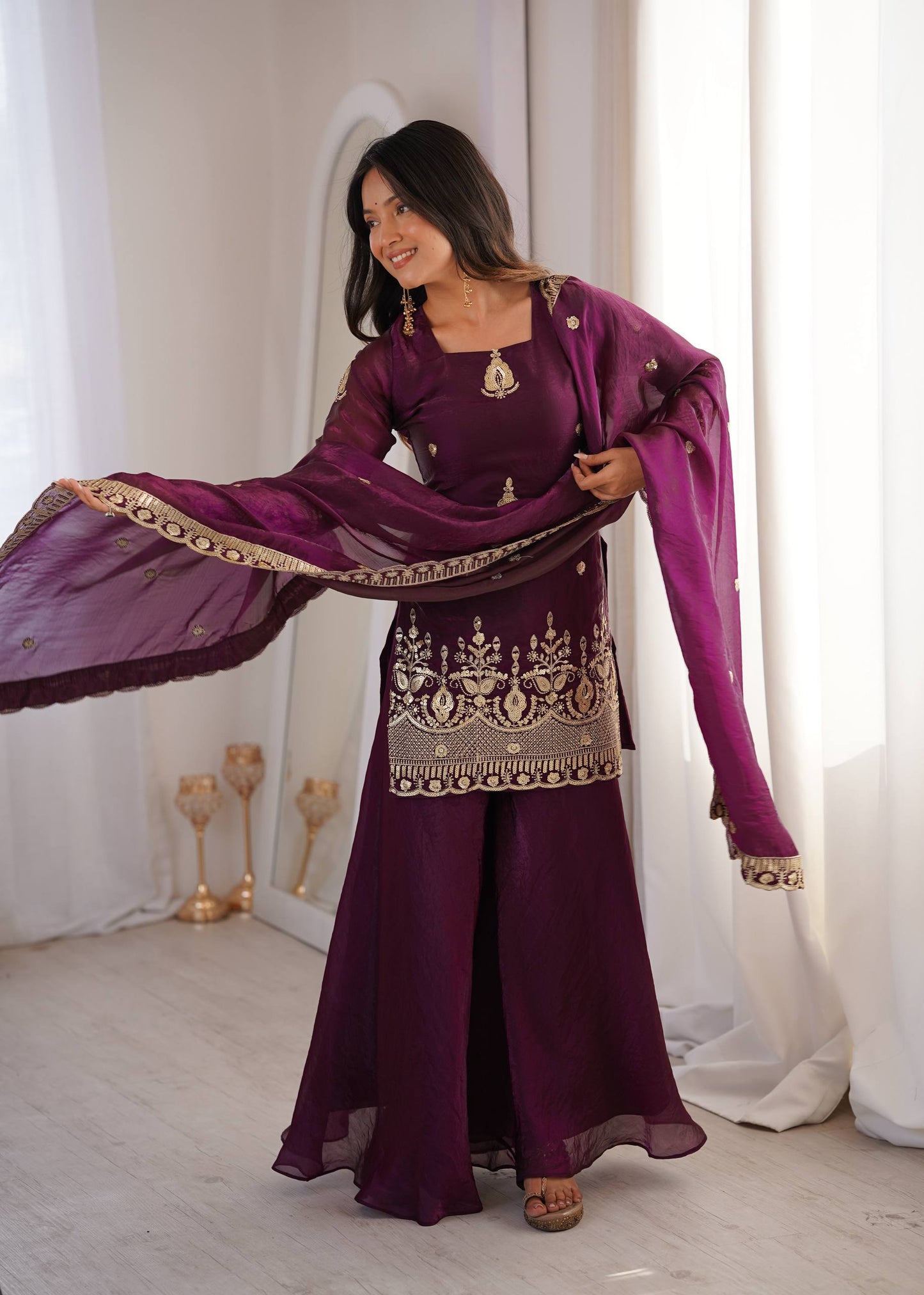 Arti Chauhan Wear Wine Color Fendy Silk Sequin Work Sharara Suit Set