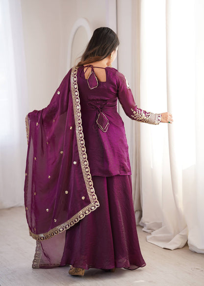 Arti Chauhan Wear Wine Color Fendy Silk Sequin Work Sharara Suit Set