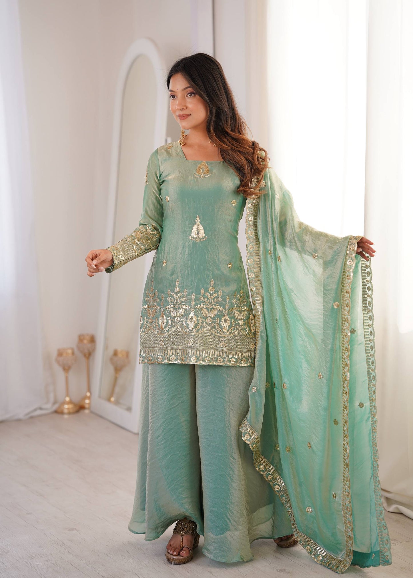 Arti Chauhan Wear Aqua Green Color Fendy Silk Sequin Work Sharara Suit Set