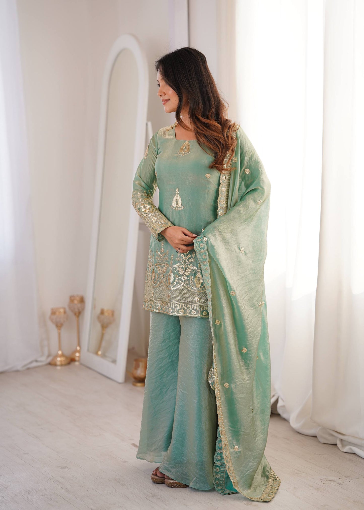 Arti Chauhan Wear Aqua Green Color Fendy Silk Sequin Work Sharara Suit Set
